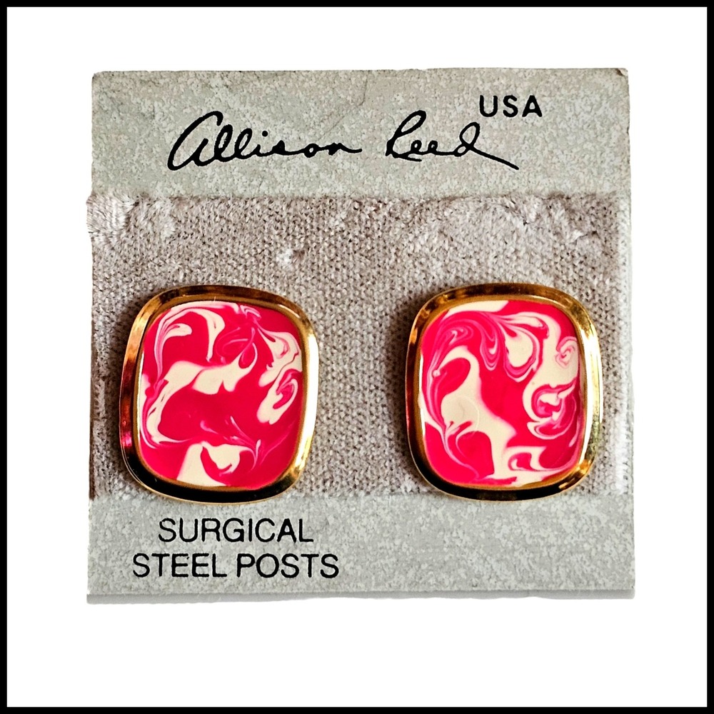 Vintage ALLISON REED Paint Pink White Swirl Rectangular PIERCED EARRINGS